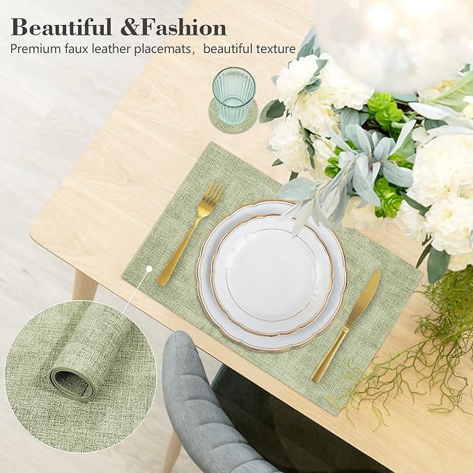 Faux Leather Placemats Set of 6,Heat Resistant Placemats for Dining Table, Easy Clean Non-Slip Place Mats, Waterproof Stain Resistant Wipeable Washable PU Table Mats, (Light Green)