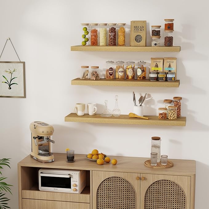 Floating Shelves Wall Shelf 40 Inch, 8 Inch Deep Floating Shelf for Wall, Farmhouse Black Wood Shelves Invisible Bracket for Living Room, Bedroom, Kitchen, 40 x 8 x 1.4 Inch, Set of 2, Oak Color