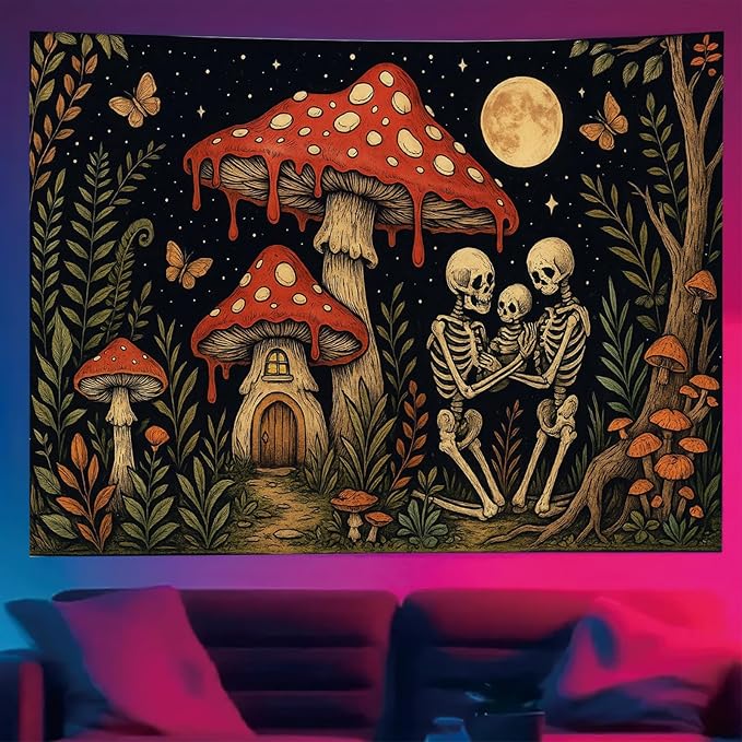 Starlit Patio Skeleton Family Blacklight Tapestry UV Reactive Wall Hanging Mushroom House and Moon for Bedroom Dorm Living Room Glowing Cottagecore Decor Fluorescent Trippy Poster 78 x 59 Inch