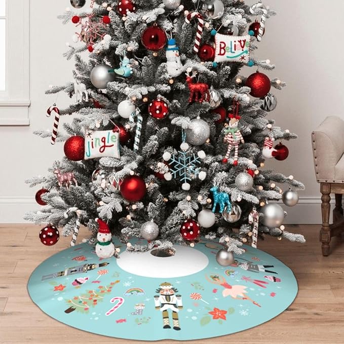 48" Large Christmas Tree Skirt, Turquoise Nutcracker Sweet Pattern Tree Mat Base Cover for Xmas Festive Holiday Party Decoration Ornaments