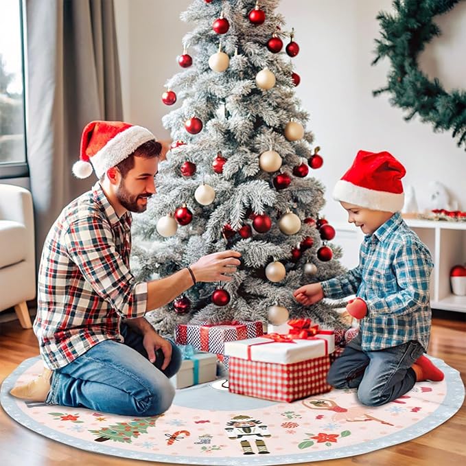 36" Cute Nutcracker Christmas Tree Skirt, Pink Sweet Candy Snowflakes Tree Mat Base Cover for Xmas Festive Holiday Party Decoration Ornaments