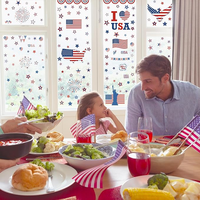 158 Pcs 4th of July Window Clings, 9 Sheets Patriotic Window Clings Decals, Watercolor Double-Sided American Flag Stars Firework Window Stickers for Independence Day Parade Veterans Memorial Day Decor