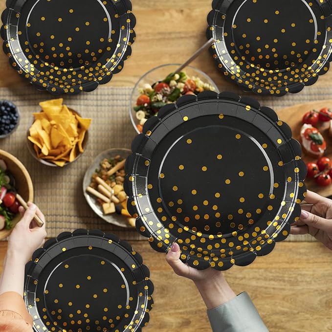 50PCS Black and Gold Paper Plates, 7 Inch Black Scalloped Party Plates Disposable Dessert Plate Cake Plate for Graduation Retirement Aniversary Birthday Dinner