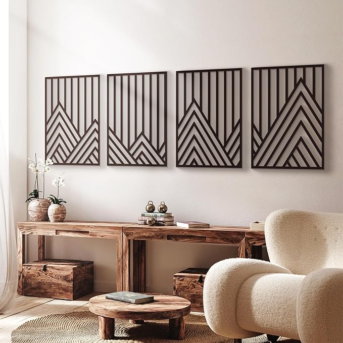 Glamativity 4 Pack Black Abstract Metal Wall Art, Minimalist Décor Single Line Art Wall Décor, 3D Textured Metal Wall Sculptures, for Living Room Bedroom Bathroom Study Room (Mountain Line, M Size 17 x 12'')