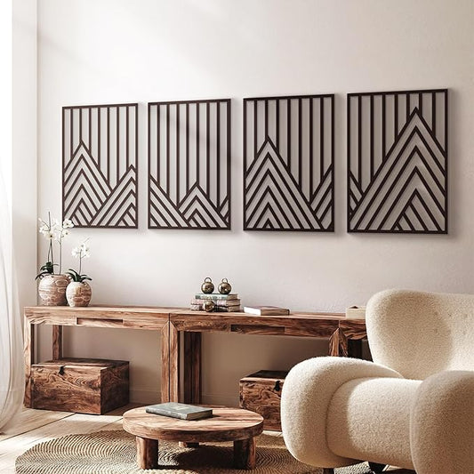 Glamativity 4 Pack Black Abstract Metal Wall Art, Minimalist Décor Single Line Art Wall Décor, 3D Textured Metal Wall Sculptures, for Living Room Bedroom Bathroom Study Room (Mountain Line, M Size 17 x 12'')