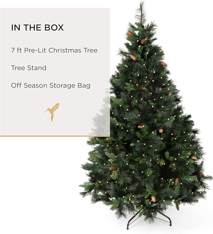 Papyrus 7 ft Pre-Lit Artificial Christmas Tree, Carolina Pine, Pine Cones, Warm White Lights, Includes Stand and Storage Bag