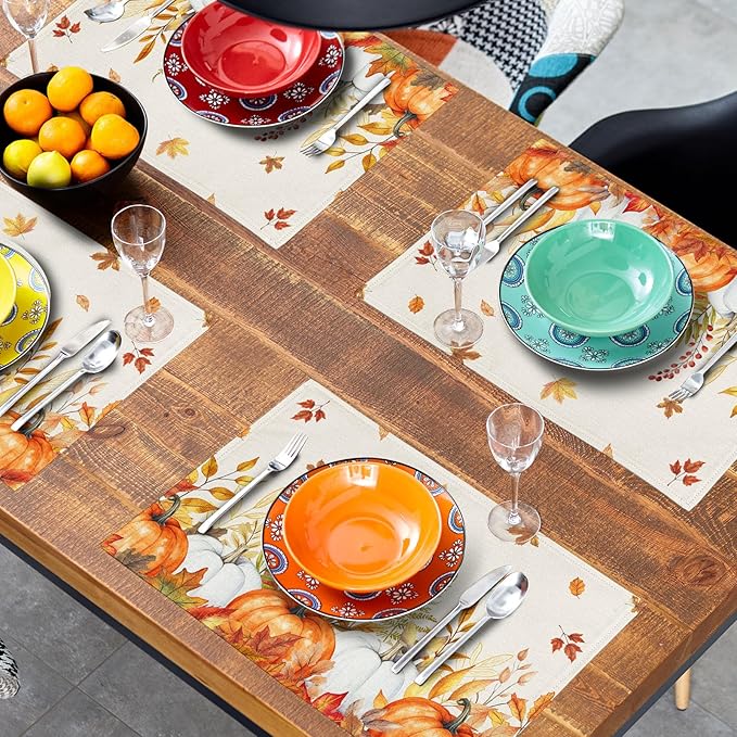 Fall Placemats Set of 4 Autumn Thanksgiving Harvest Watercolor Pumpkin Place Mats 12x18 Inch Seasonal Washable Table Mats for Party Kitchen Dining Decoration
