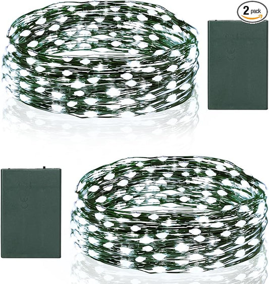 2 Pack Christmas Fairy Lights Battery Operated, 16.4FT 50 LED Dark Green Wire Micro Starry Twinkle Light with Auto Timer Waterproof, Indoor String Lights for Indoor Outdoor Yard Decor (Cool White)