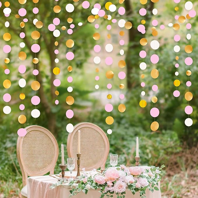 Gold and Pink Party Decorations Circle Dots Garland Metallic Gold Light Pink and White Hanging Polka Dot Streamer for Women Girl Birthday Baby Shower Bridal Shower Wedding Princess Party Supplies