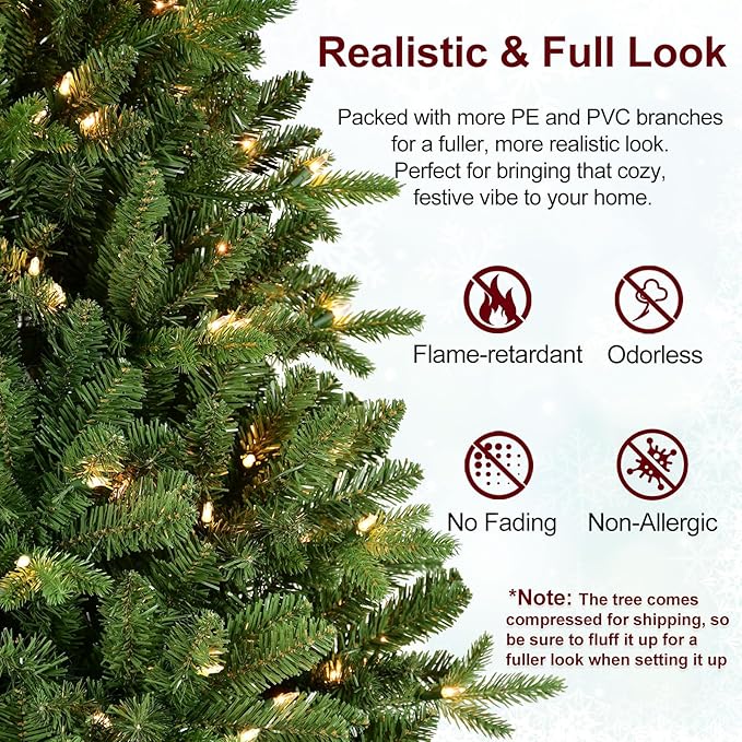 7.5 FT Prelit Christmas Tree with 550 Warm White Lights, 2359 PE&PVC Mixed Branch Tips, Hinged Premium Spruce Artificial Xmas Trees, Green, Foldable Base