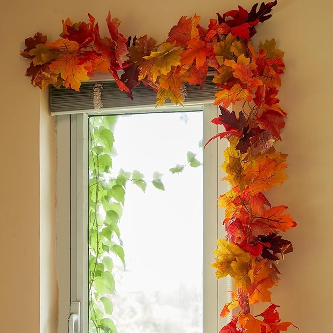 6PCS Fall Maple Leaves Garland, Party Joy 5.6Ft Artificial Maple Leaf Autumn Garland Hanging Fall Vines Table Decorations Front Door Fall Decor Thanksgiving Decorations Decor Outside Indoor Decor