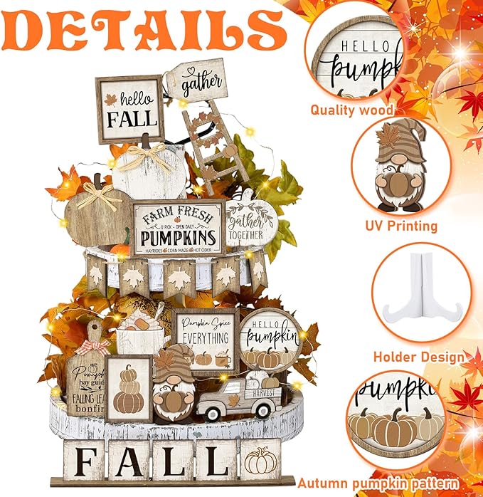 24 Pcs Fall Tiered Tray Decoration Set Thanksgiving Table Sign Pumpkins Farmhouse Decor Gnome Maple Leaves Decorative Trays Harvest Wood Blocks Signs Fall Block Tabletop for Autumn