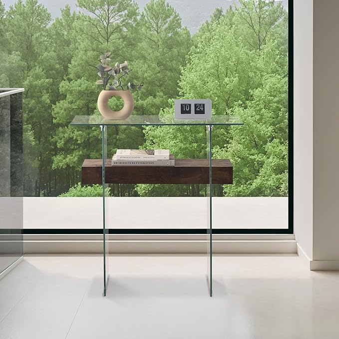 ivinta Narrow Glass Console Table with Storage, 31.5'' Rustic Entryway Table with Storage Shelves for Living Room, Hallway, Foyer, Bedroom 5103 (Dark Brown)