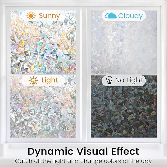 DOWELL Window Privacy Film, Rainbow Window Film, Decorative Stained Glass Clings, Static Cling Door Sticker, Non-Adhesive 3D Decals for Home UV Protection, 11.8 x 78.7 inches