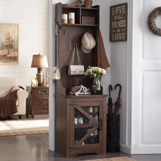 JXQTLINGMU 23" Farmhouse Hall Tree with Shoe Storage, Entryway Bench with 6 Cubbies, 5 Hooks & Barn Doors, Mudroom Coat Rack Cabinet, Brown