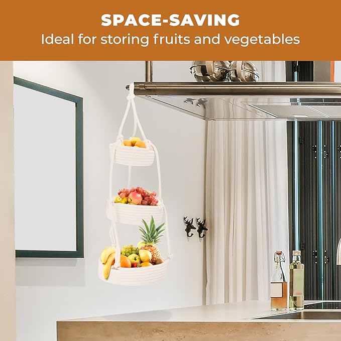 REGAL TRUNK Hanging Fruit Baskets for Kitchen - 3 tiers Fruit Baskets Hanger - Macrame Fruit Hammock - White Boho Wall Decor - Produce and Vegetable Tiered Storage Holder - 3x10x27.5 in