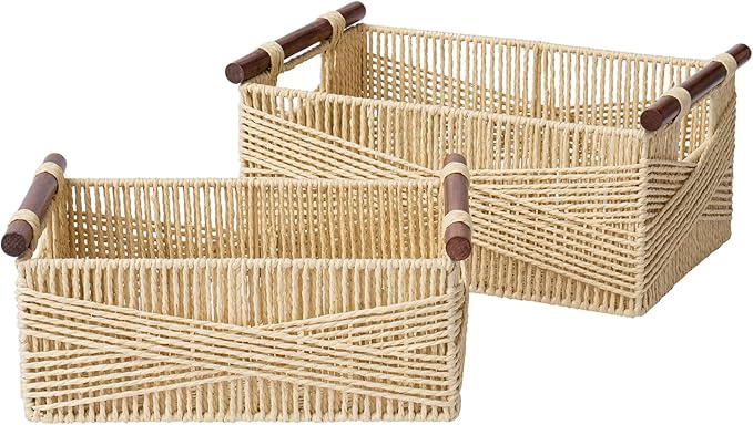 LA JOLIE MUSE Wicker Storage Baskets for Organizing, Recyclable Paper Rope Basket with Wood Handles, Decorative Hand Woven Basket Organizers for Makeup Books Shelves Living Room, Beige, Set of 2