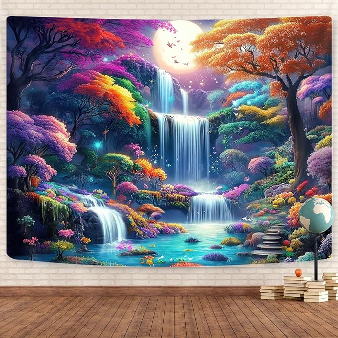 GOAOK Fantasy Enchanted Forest Tapestry, Fairytale Wonderland Colorful Tree Waterfall Art Moon Magical Aesthetic Landscape Tapestry Wall Hanging for Bedroom College Dorm Room?60"X40"Inch