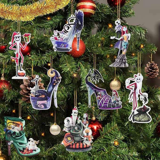 2025 Halloween Christmas Tree Decorations, 8PCS Acrylic Cute Night Before Pendants Hanging, 2D Flat New Year Set Spooky Decor Indoor Home Party Gifts Ornaments (10cm/3.93In)