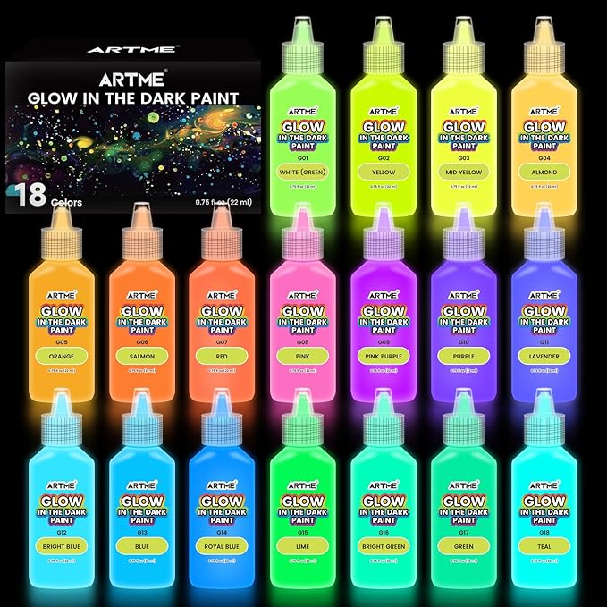 ARTME Glow in The Dark Paint, 18 Bright Colors 22ml/0.75oz Blacklight Paint Set, Neon Craft Paints, Glow Fluorescent Acrylic Paints Perfect for DIY projects, Halloween and Christmas Decorations