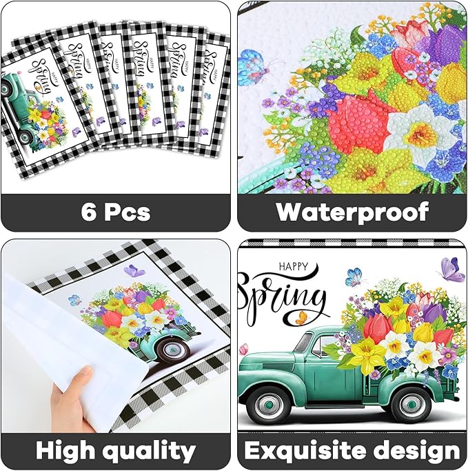 Happy Spring Placemats Set of 6 Easter Plastic Table Mats Spring Placemats Seasonal Place Mats Rustic Vintage Flowers Table Decoration for Indoor Outdoor Party Kitchen Dining