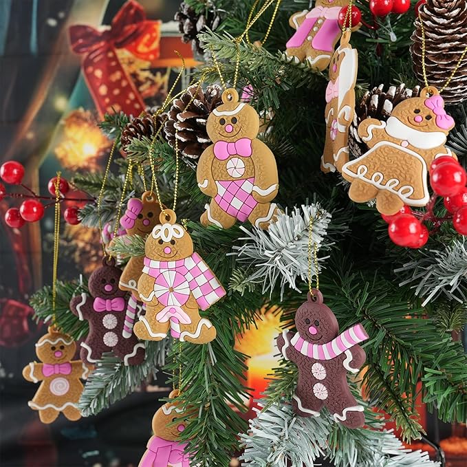 Gingerbread Man Ornaments Christmas Tree Decorations - 24pcs Pink Gingerbread Man Christmas Decorations Hanging Ornaments for Holiday Xmas Tree Home Decor
