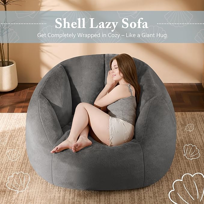 Giant Bean Bag Swivel Chair for Adults - Comfy Plush Round Shell Soft Accent Chaise Lounge Indoor Reading Chair, Oversized Cozy Floor Sofa for Living Room, Bedroom & Game Rooms, Dorm, Gray