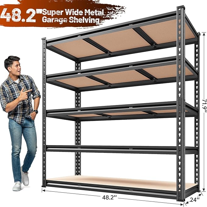 REIBII 48.2" W Garage Shelving, Storage Shelves Load 3000LBS, Adjustable Garage Shelving Heavy Duty for Pantry, Basement, Warehouse, 48.2" W X 71.9" H X 24" D, Black