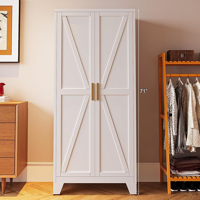 71'' Farmhouse Metal Storage Cabinet with Barn Doors,Steel File Cabinet for Home Office,Kitchen Pantry 4 Adjustable Shelves,Freestanding Cupboard for Kitchen,for Home Office,School (White)