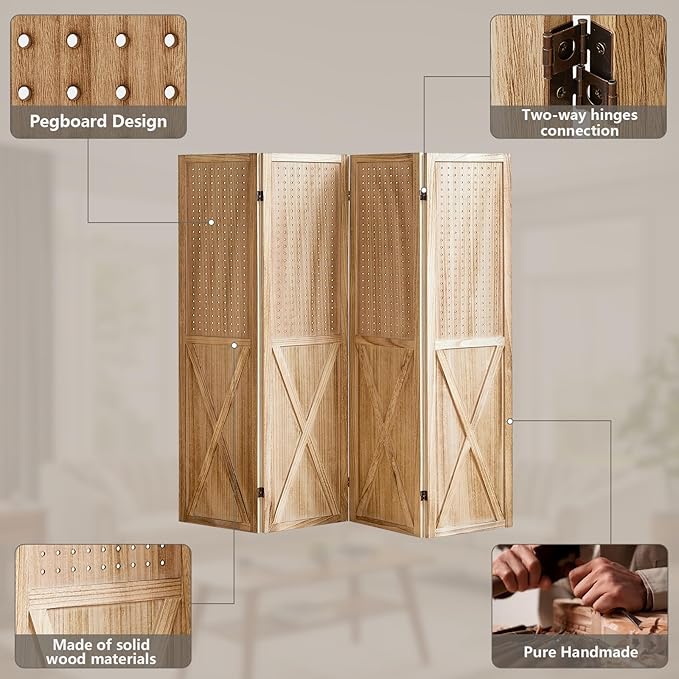 4 Panel Pegboard Wood Room Divider, 5.6Ft Pegboard Display Folding Privacy Screens, Peg Board Display Freestanding for Trade Show Craft Show Home Wall Organizer, Light Brown