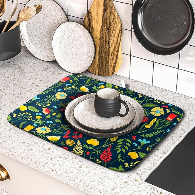 Floral Dish Drying Mat for Kitchen Counter Cute FLowers Seasonal Absorbent Reversible Microfiber Kitchen Countertop Protector Dishes Pad Small 16x18 inch