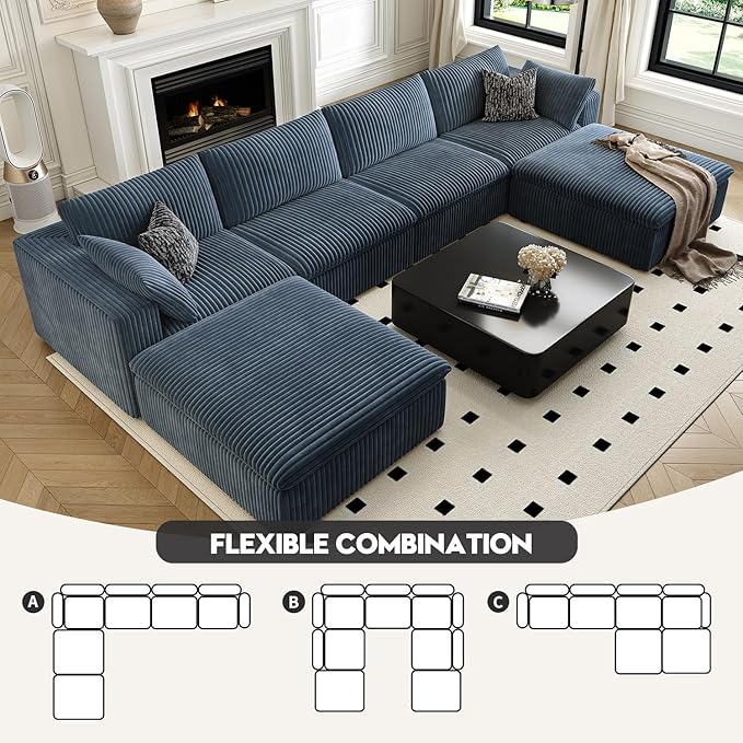 157.5" Cloud Couch Oversized Modular Sectional Sofa for Living Room,Modern Sofa with Deep Seat，U-Shape Boneless Couch with 2 Ottoman,Comfy Upholstered Couches for Apartment, Studio, Office,Blue
