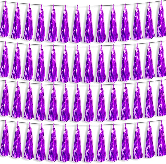 4P Purple Foil Fringe Metallic Streamers Banner Tassel Garland for Parade Floats, Bachelorette, Wedding, Birthday, Halloween, Christmas, Bridal/Baby Shower Party Decorations