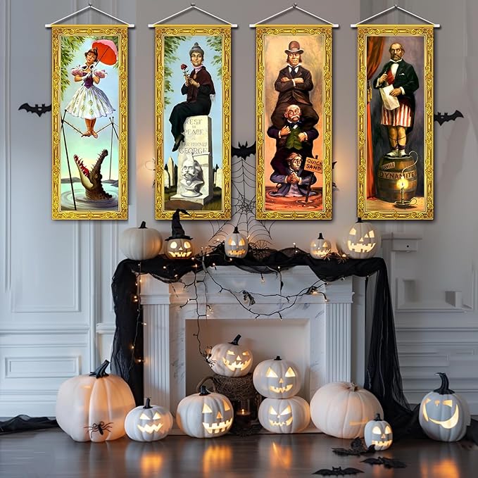 Halloween Decorations Large 4 PCS Haunted Mansion Stretching Portraits Vintage Vinyl Backdrop Decor Outdoor Horror Poster for Indoor Holiday Home Wall Art Wallpaper Hanging Porch Sign Banner Party