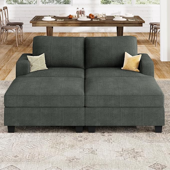 Nolany Corduroy Sectional Couch with Storage Ottoman, Sleeper Sectional Sofa, Modular Sectional Couches for Living Room, Green