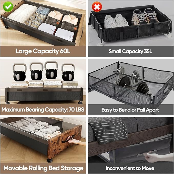 Wooden Under Bed Storage with Wheels, Rolling Under the Bed Storage Bins with Removable Lid, Metal Under Bed Drawers for Clothes and Shoes in Bedroom or Living Room(Black Wood-2pack)