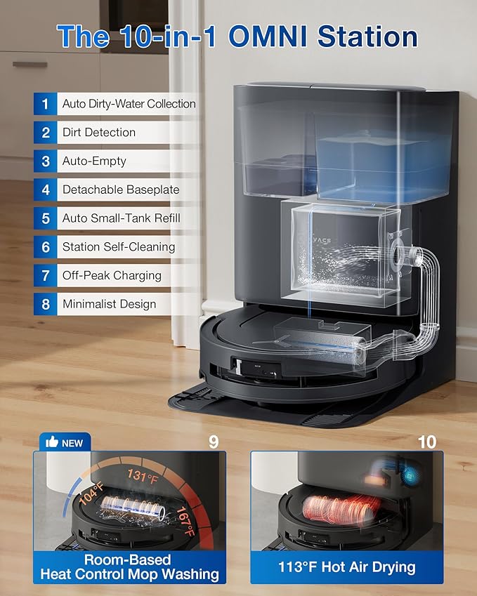 ECOVACS DEEBOT T80 Omni Robot Vacuum and Mop, 18,000Pa Suction, OZMO™ Roller Real-Time Mop Washing, Self-Emptying, Hot Air Drying, AI Navigation, Anti-Tangle Brush, for Pets, Carpets & Hard Floors