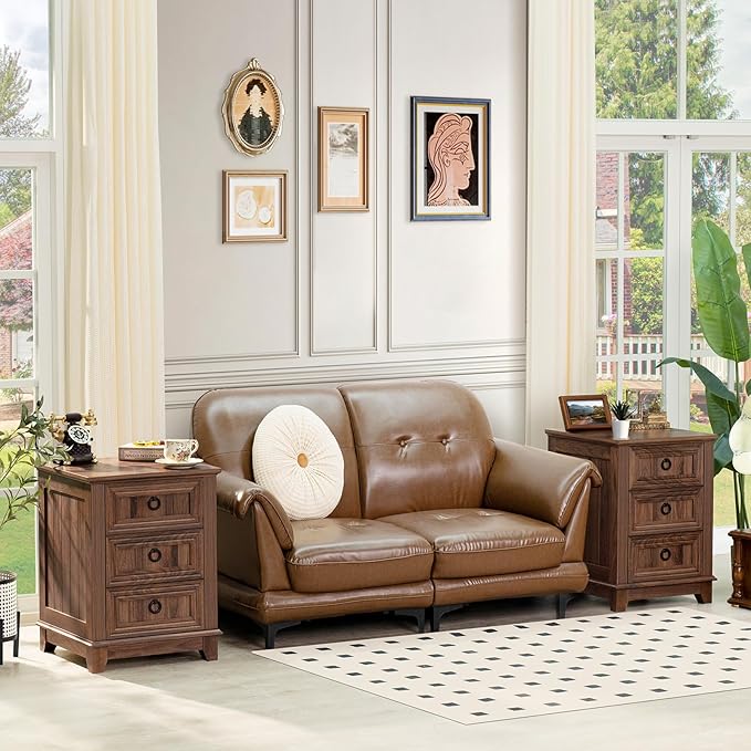 Farmhouse Night Stand Set of 2, 18" End Table with 3 Drawer Metal Handle, Dresser for Bedroom, Sofa Bed Side Table Chest of Drawers,Wood Nightstand Cabinet for Organizer, Living Room-Brown