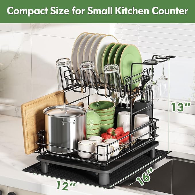 2 Tier Black Large Stainless Steel Dish Drainers Drying Rack for Kitchen Counter with Drainboard, Rust Proof Metal, Space Saving, Modern Aesthetic, Compact Plates Strainers with Extra Mat