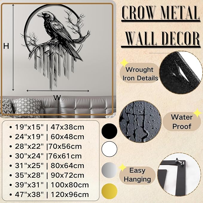 Crow Metal Wall Decor, Raven Wall Art, Large Gothic Raven Decor Hangings, Bird Wall Decor, Metal Tree Branch Decor, Ravens Sign, Raven Art for Living Room (Black, 19"x15" | 47x38cm, metal wall art)
