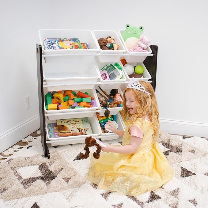 Humble Crew Kids Toy Storage Organizer with 12 Plastic Bins, Espresso/White – Removable Bins for Playroom, Bedroom, Toddler Furniture for Boys and Girls Ages