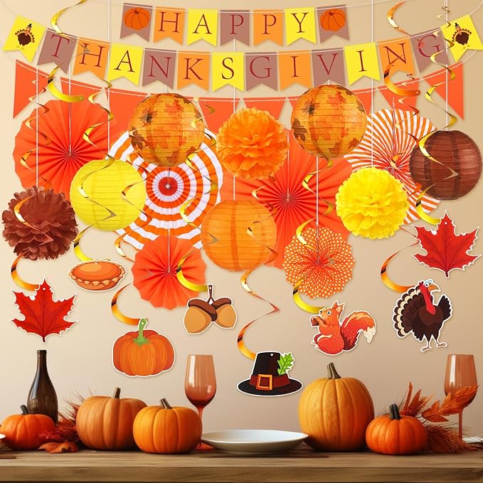 28 Pcs Fall Party Decoration Thanksgiving Party Supplies Include Happy Thanksgiving Banner Autumn Paper Lanterns Pom Pom Hanging Fans Bunting Garland Swirl Streamers for Fall Harvest Birthday