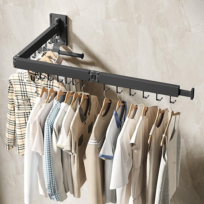 Drying Rack Clothing, Retractable Clothes Drying Rack,Wall Mounted Laundry Rack, Laundry Drying Rack Wall Mount,Collapsible Clothes Rack,can Fold Upward & Left & Right,Black Color