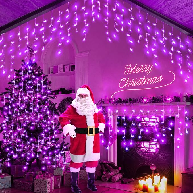 33ft Purple Halloween Lights Outdoor Indoor, 400 LED Icicle Lights for Outside Twinkle Christmas Lights with 75 Drops Clear Wire Timer 8 Modes for House Party Tree Yard Patio Eaves Holiday Decoration