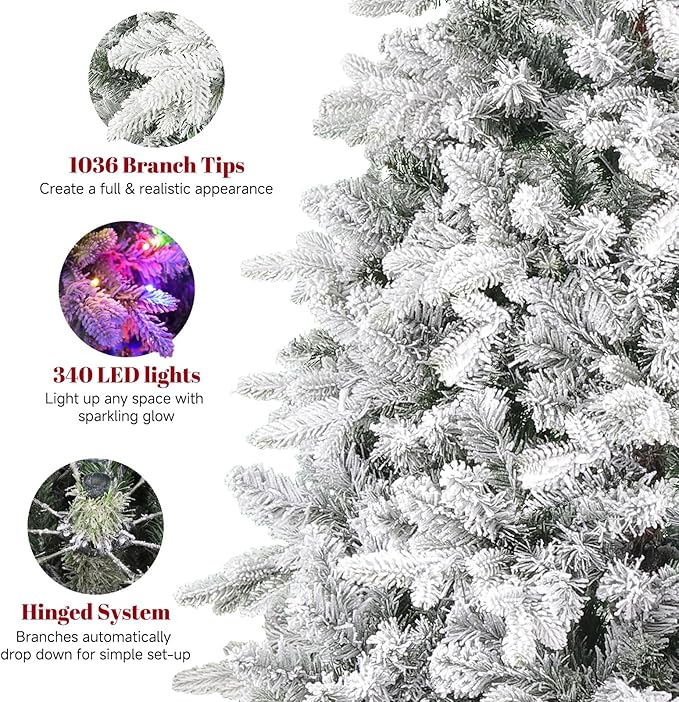 6.5FT Snow Flocked Pre-Lit Christmas Tree with 360° Rotating Base, 1036 PE/PVC Tips, 340 LED Lights, 8 Modes, Dimmable and Timer Functions, Musical Artificial Xmas Tree for Holiday Decor