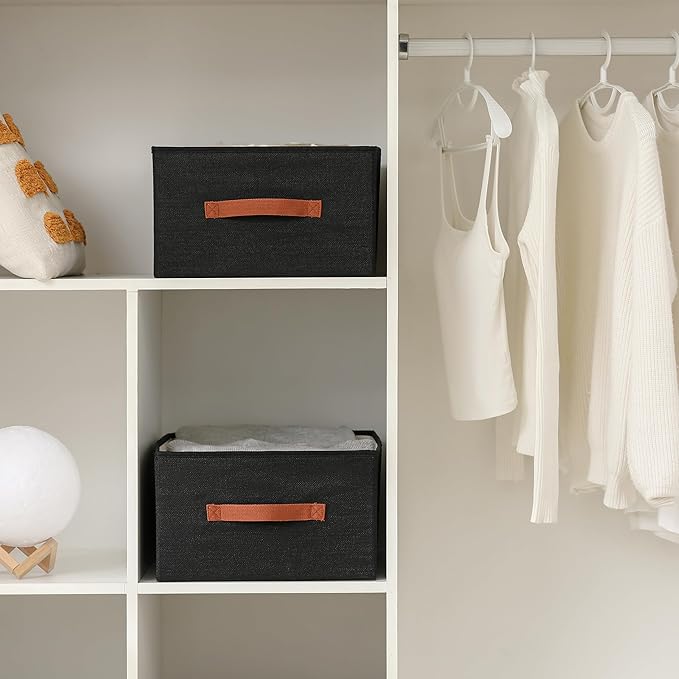 linen closet organizers and storage, 3 Pack Large Storage Baskets, Washable, Clothing Storage Bins with Handle, Closet Organizer for Storage Sweater,Sheets (Black, 18½"x13½"x8½")