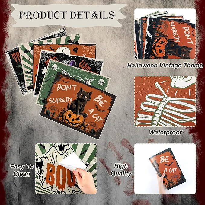 Halloween Placemats Set of 6 Vintage Plastic Table Mats Black Cat Place Mats Washable Ghost Witch Bat Rectangle Skull Table Decoration for Indoor Outdoor Party Kitchen Dining