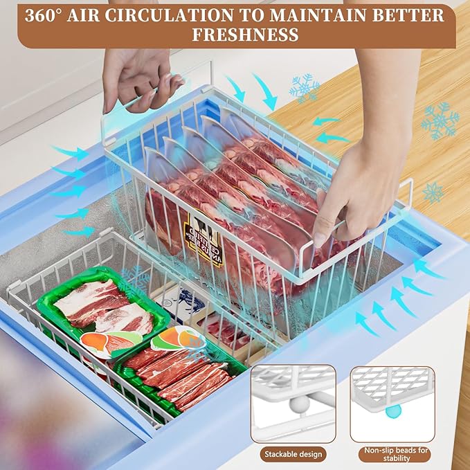 6 Pack Stackable Deep Freezer Organizer Bins ，Upgraded Bottom Leak-Proof net，Encryption and Hardening ， Freezer Organizer Bins for 5 to 9 Cu.FT Small Chest Freezer， Easy Get Bottom Foods
