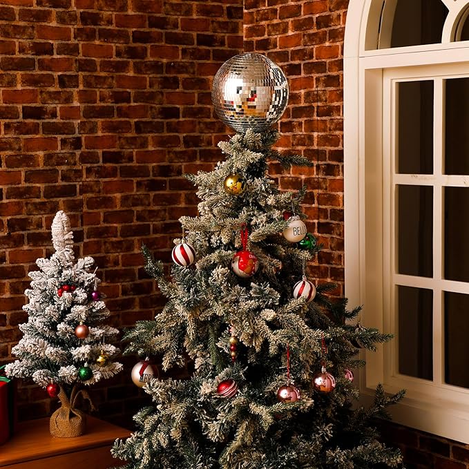 Retisee 8'' Disco Ball Christmas Tree Topper Disco Mirror Ball Xmas Tree Topper 3D Hollow Silver Decor Ornament for 70s Holiday Wedding Birthday Party Decorations