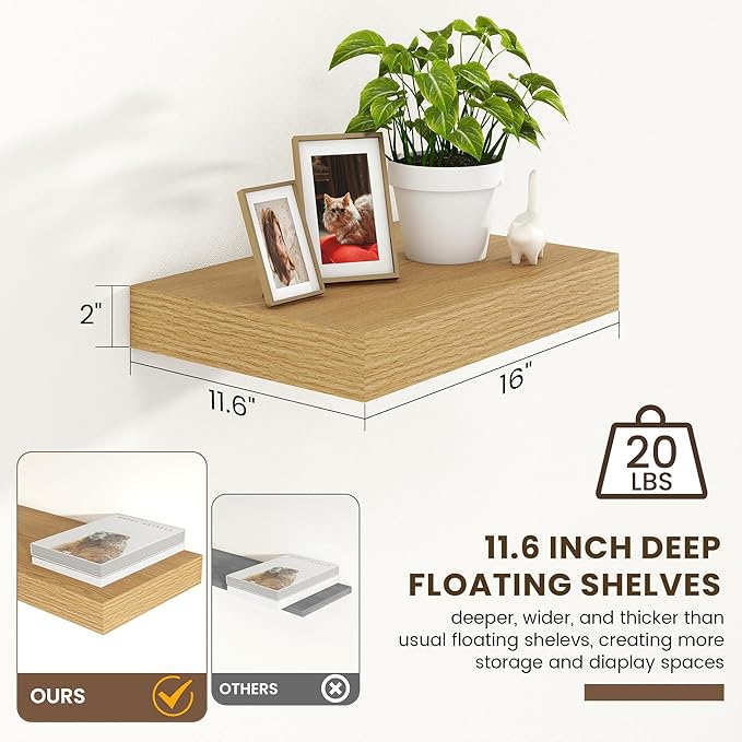 Deep Floating Shelves for Wall | 16 Inch Wide x 12 Inch Deep Floating Shelves Set of 2 | Rustic Oak Wide Wall Shelves | Bookshelf Laundry Shelf TV Shelf Nightstand